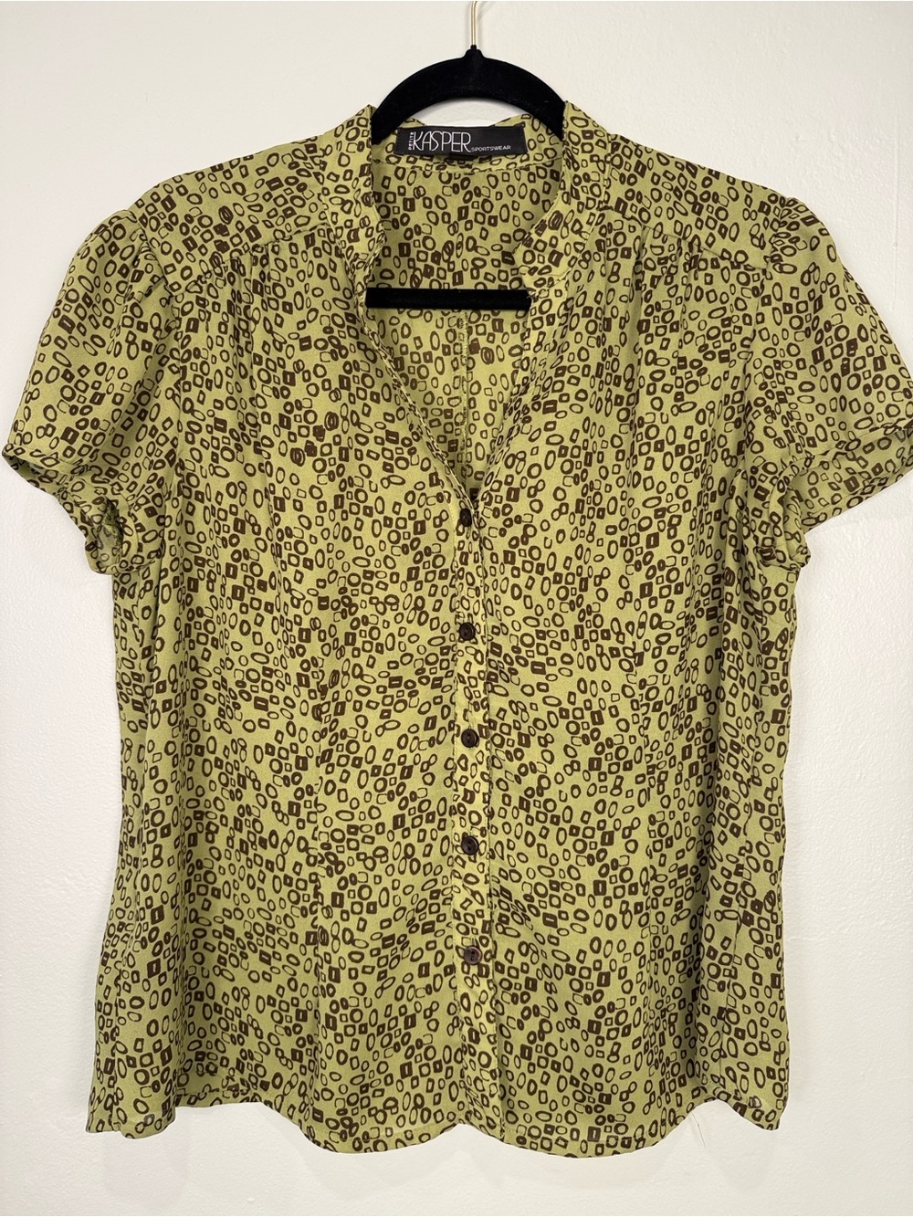 Kasper Geometric Print Olive Green V Neck Blouse Size PM